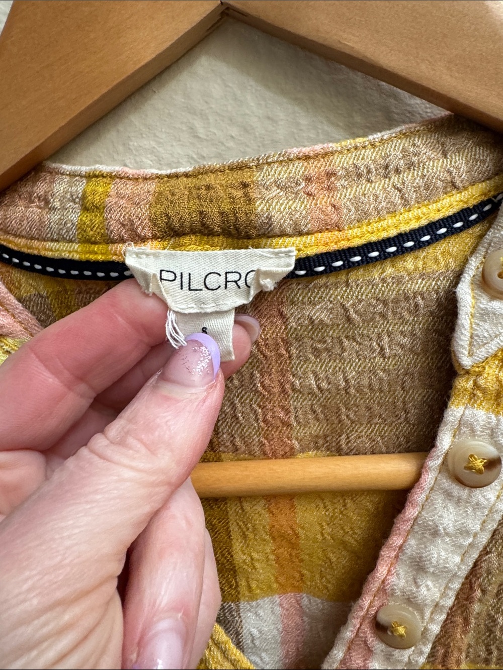 Pilcro Yellow Pink Brown Plaid Short-Sleeve Blouse - Picture 5 of 5